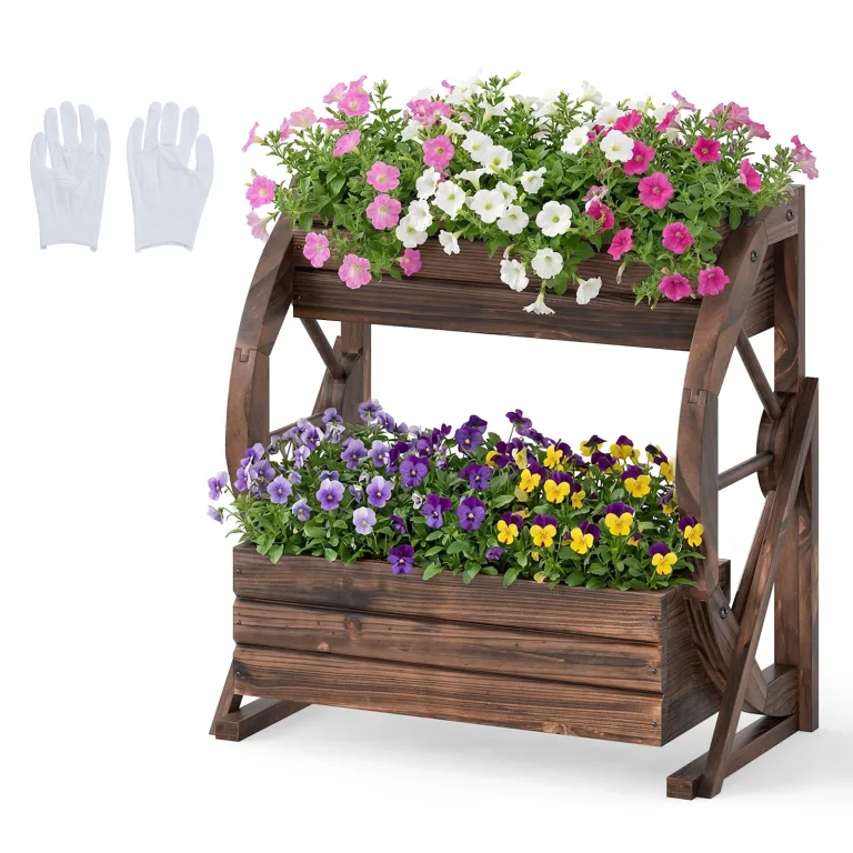 COSTWAY Blumenkasten mit Wagenrad, Hochbeet Holz, Pflanzkübel mit 2 Etagen & Ablauflöchern & Halbrädern, Blumenbeet Gartenbeet, rustikal, Deko für Terrasse Balkon Garten, Braun (56 x 33 x 56,5 cm) – Bild 1