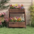 COSTWAY Blumenkasten mit Wagenrad, Hochbeet Holz, Pflanzkübel mit 2 Etagen & Ablauflöchern & Halbrädern, Blumenbeet Gartenbeet, rustikal, Deko für Terrasse Balkon Garten, Braun (56 x 33 x 56,5 cm) - Thumbnail 2