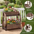 COSTWAY Blumenkasten mit Wagenrad, Hochbeet Holz, Pflanzkübel mit 2 Etagen & Ablauflöchern & Halbrädern, Blumenbeet Gartenbeet, rustikal, Deko für Terrasse Balkon Garten, Braun (56 x 33 x 56,5 cm) - Thumbnail 7