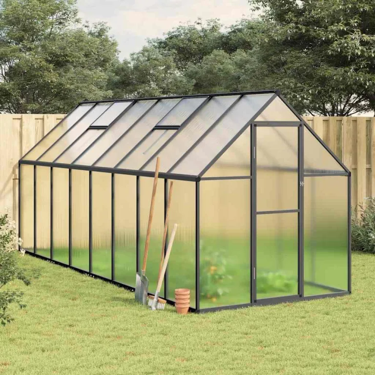Gewächshaus mit Fundamentrahmen Anthrazit 445x169x195 cm Alu Gartengewächshäuser, Tomatenhaus Treibhaus für Garten, Aufzucht, Terrasse, Außende – Bild 2