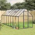 Gewächshaus mit Fundamentrahmen Anthrazit 445x169x195 cm Alu Gartengewächshäuser, Tomatenhaus Treibhaus für Garten, Aufzucht, Terrasse, Außende - Thumbnail 1