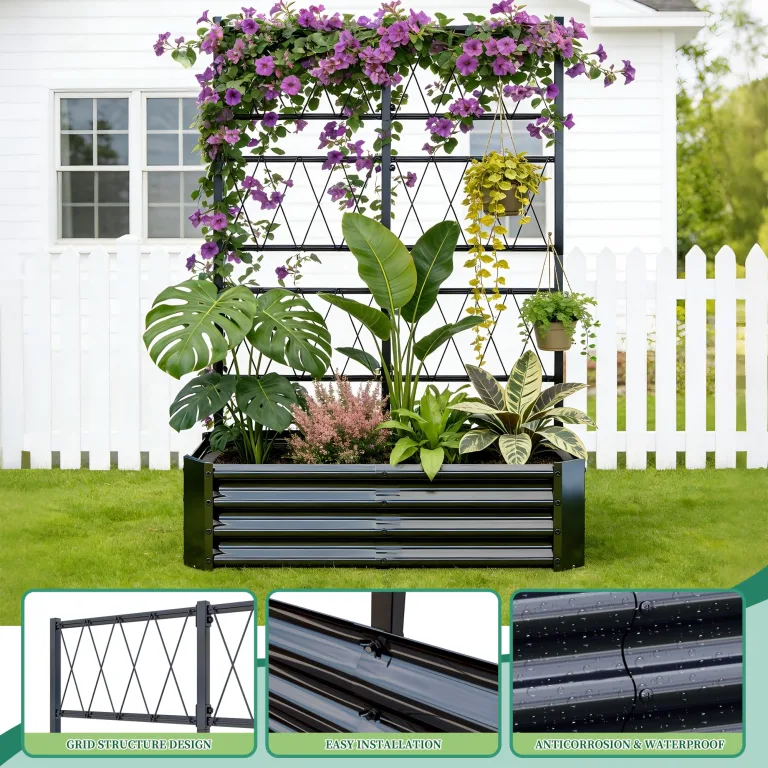 Hochbeet mit Rankgitter, Metall-Pflanzkasten mit Rankgitter, robuster Pflanzkasten für Kletterpflanzen, Gemüse, Tomaten & Blumen,als Sichtschutz für Balkon & Terrasse,121 x 61 x 151 cm,Schwarz – Bild 5