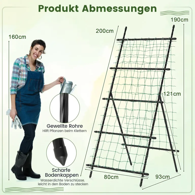 COSTWAY Gurke Rankhilfe Set, A-förmig, Rankgitter mit Gartennetz & Clips, Pflanzenhalter Metall, Pflanzenstütze für Kletterpflanzen Blumen Gemüse, Pflanzenspalier, 80 x 93 x 190 cm, Schwarz – Bild 3