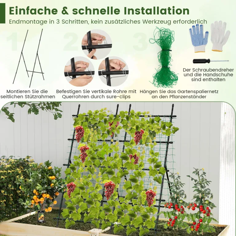 COSTWAY Gurke Rankhilfe Set, A-förmig, Rankgitter mit Gartennetz & Clips, Pflanzenhalter Metall, Pflanzenstütze für Kletterpflanzen Blumen Gemüse, Pflanzenspalier, 80 x 93 x 190 cm, Schwarz – Bild 6