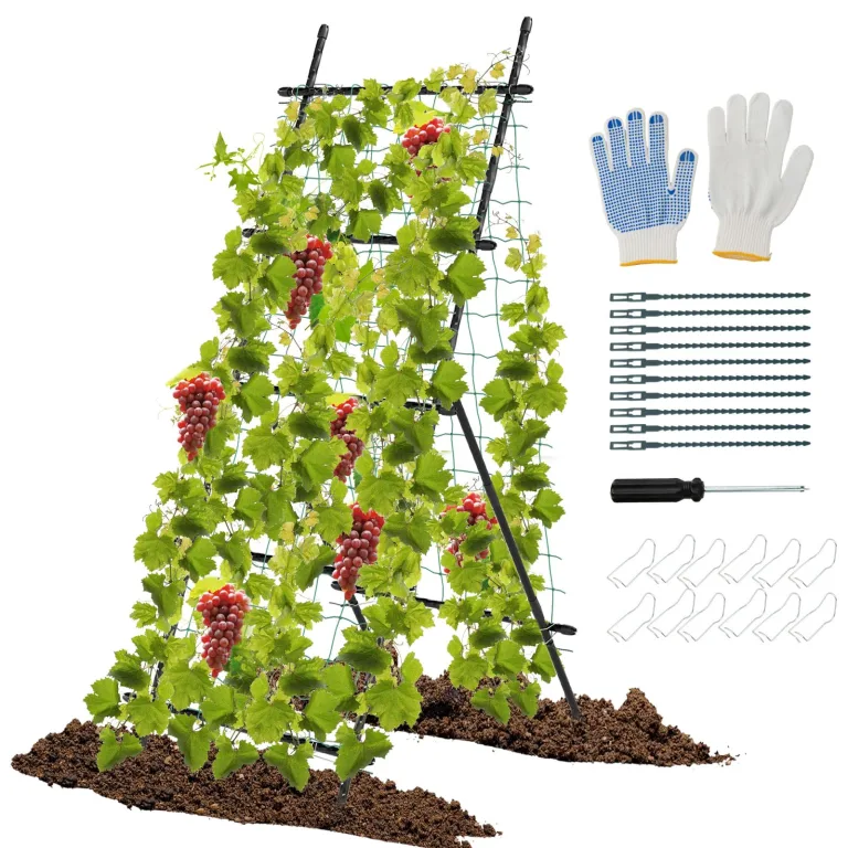 COSTWAY Gurke Rankhilfe Set, A-förmig, Rankgitter mit Gartennetz & Clips, Pflanzenhalter Metall, Pflanzenstütze für Kletterpflanzen Blumen Gemüse, Pflanzenspalier, 80 x 93 x 190 cm, Schwarz – Bild 1