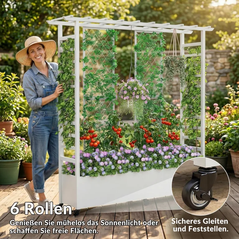 Hochbeet mit Rankgitter und Hängedach, freistehender Metall-Pflanzkasten mit Rollen, mobiler Pflanzkasten für drinnen und draußen für Kletterpflanzen, Blumen, für Garten, Terrasse und Hof – Bild 4