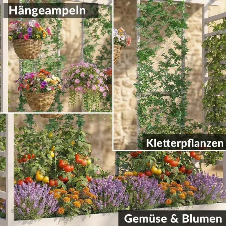 Hochbeet mit Rankgitter und Hängedach, freistehender Metall-Pflanzkasten mit Rollen, mobiler Pflanzkasten für drinnen und draußen für Kletterpflanzen, Blumen, für Garten, Terrasse und Hof – Bild 7