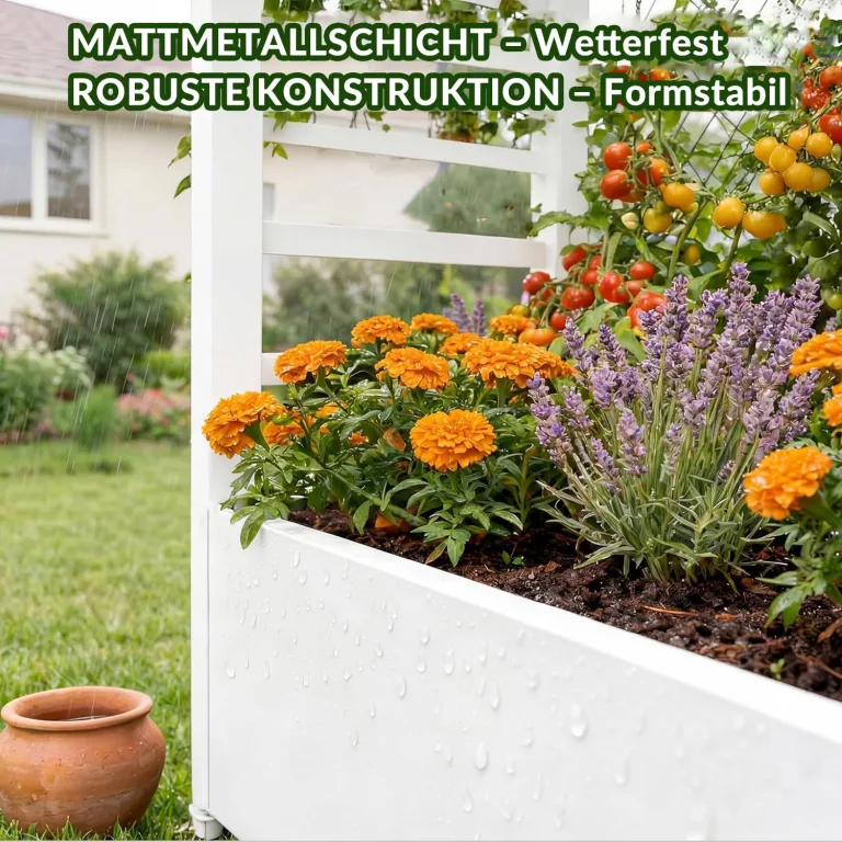 Hochbeet mit Rankgitter und Hängedach, freistehender Metall-Pflanzkasten mit Rollen, mobiler Pflanzkasten für drinnen und draußen für Kletterpflanzen, Blumen, für Garten, Terrasse und Hof – Bild 8