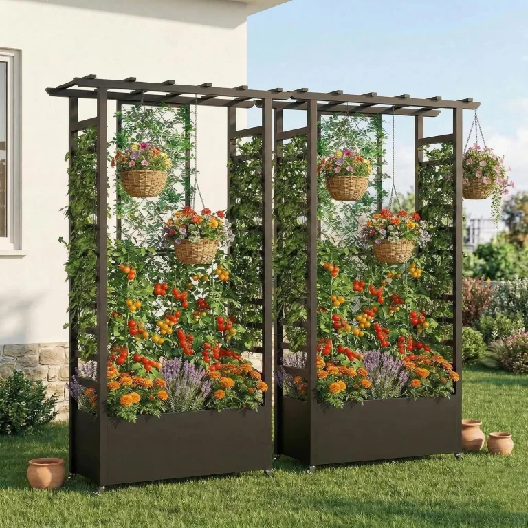Hochbeet mit Rankgitter und Hängedach, freistehender Metall-Pflanzkasten mit Rollen, mobiler Pflanzkasten für drinnen und draußen für Kletterpflanzen, Blumen, für Garten, Terrasse und Hof – Bild 9