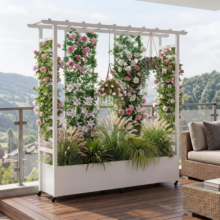 Hochbeet mit Rankgitter und Hängedach, freistehender Metall-Pflanzkasten mit Rollen, mobiler Pflanzkasten für drinnen und draußen für Kletterpflanzen, Blumen, für Garten, Terrasse und Hof – Bild 1