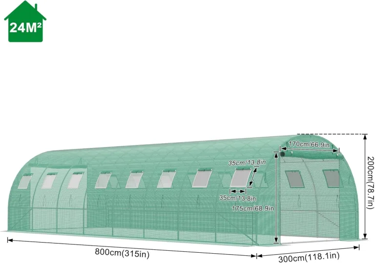 Gewächshaus 300x800x200cm Foliengewächshaus Winterfest Folientunnel UV-Schutz Tomatenhaus Pflanztunnel für Frucht Gemüse Blumen Pflanzenzelt mit Fenster Treibhaus inkl. Erdanker & Seilen – Bild 2