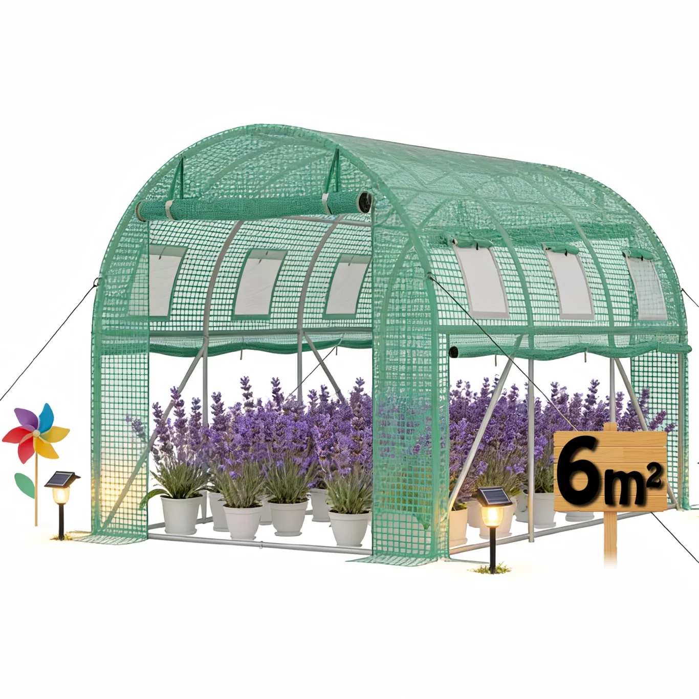 3x2m Foliengewächshaus Gartengewächshäuser aus verzinktem Stahl PE Gewächshaus mit Aufrollbare Fenster Tomatenhaus Winterfest Folientunnel Pflanzenzelt Folien Treibhaus inkl. Erdanker - Bild 1