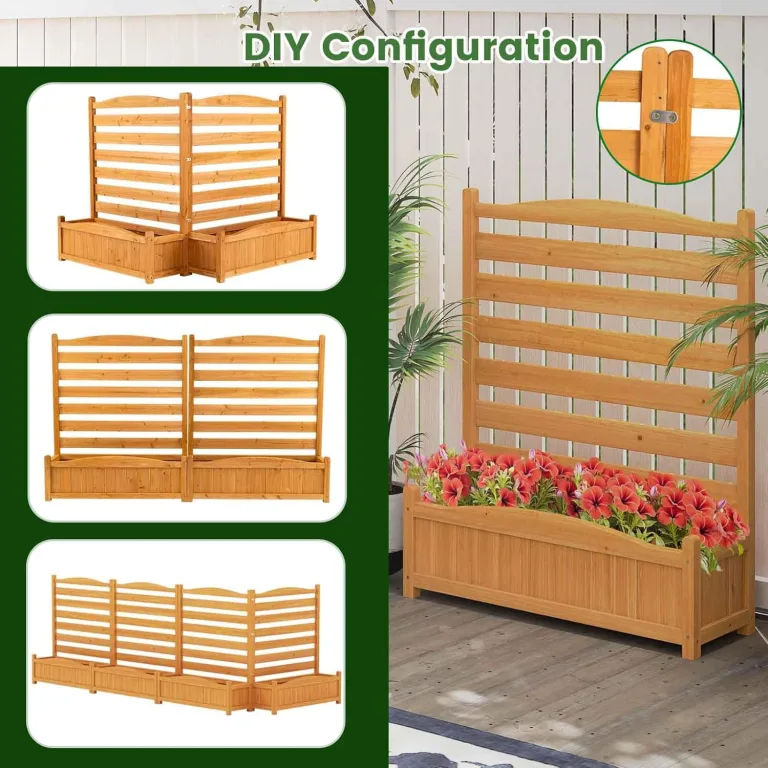 HOMASIS 2 Blumenkästen mit Gartenzaun, Holz Pflanzkasten mit Sichtschutz, Hochbeet mit Spalier & Abluflöchern, DIY modulare Pflanzkübel mit Gartenspalier für Garten Balkon Terrasse (2 Zäune) – Bild 5