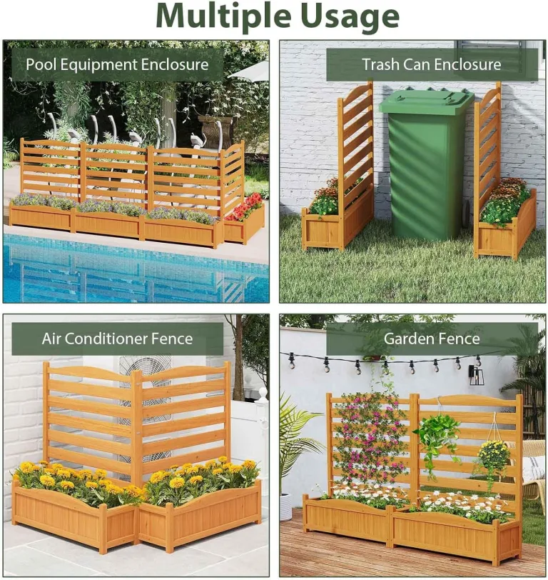 HOMASIS 2 Blumenkästen mit Gartenzaun, Holz Pflanzkasten mit Sichtschutz, Hochbeet mit Spalier & Abluflöchern, DIY modulare Pflanzkübel mit Gartenspalier für Garten Balkon Terrasse (2 Zäune) – Bild 6