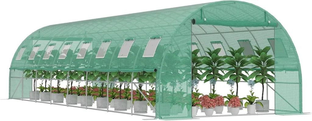 Gewächshaus 3x8 m (24 m²) – Garten Foliengewächshaus mit 16 Fenstern, UV-beständig, verzinkter Stahlrahmen, Moskitonetz, ideal für Gemüse, Tomaten, Blumen, Tomatenhaus, grün