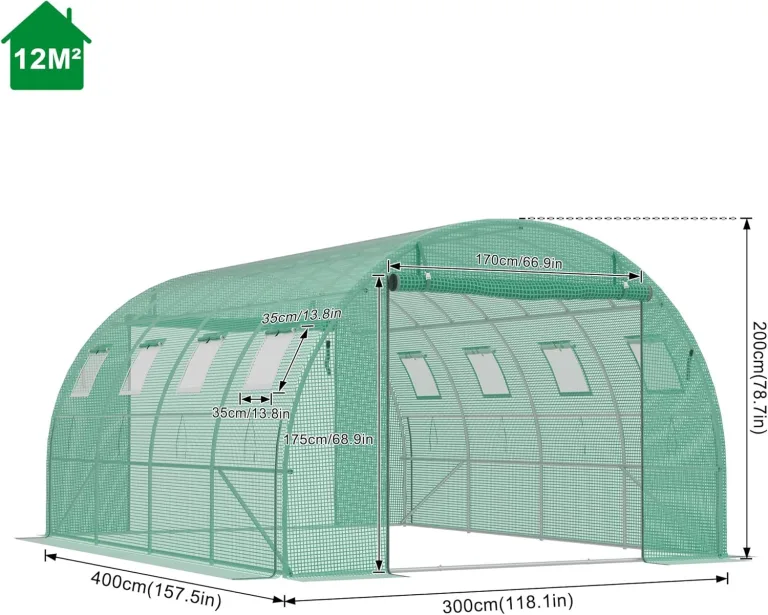 Gewächshaus 3x4 m (12 m²) – Garten Foliengewächshaus mit 8 Fenstern, UV-beständig, verzinkter Stahlrahmen, Moskitonetz, ideal für Gemüse, Tomaten, Blumen, Tomatenhaus, grün – Bild 2