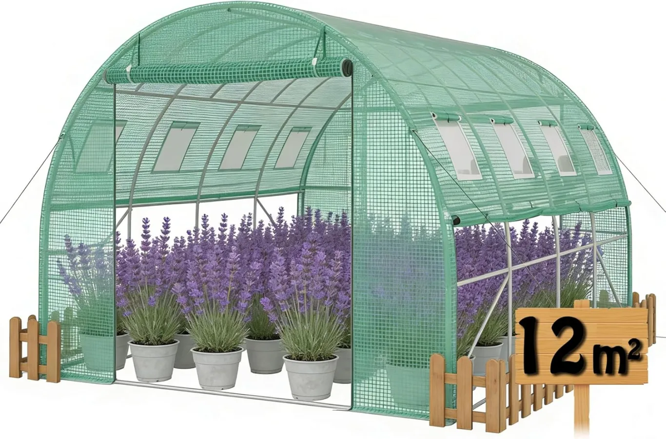 3x4m Foliengewächshaus Gartengewächshäuser aus verzinktem Stahl PE Gewächshaus mit Aufrollbare Fenster Tomatenhaus Winterfest Folientunnel Pflanzenzelt Folien Treibhaus inkl. Erdanker - Bild 1