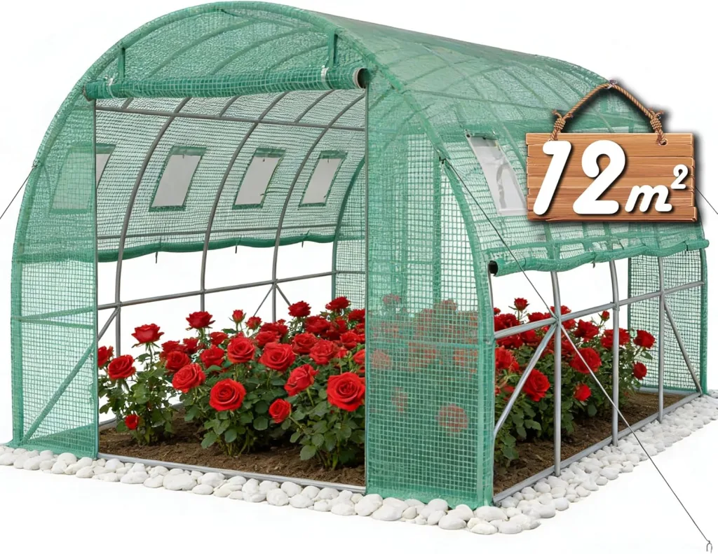 3x4x2m Gartengewächshäuser mit Tür & Aufrollbare Fenster Foliengewächshaus mit Stahlfundament aus verzinktem Stahl Tomatenhaus Winterfest Folienzelt Treibhaus Pflanztunnel UV-Schutz für Gemüse