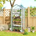 Outsunny Gartengewächshaus PVC mit Regalen 5 Ebenen, Balkongewächshaus, verstärkte Plane, Gestell aus Stahl, Tür mit Reißverschluss, aufrollbar, für Gemüse, Pflanzen, Blumen, 90 x 49 x 193 cm - Thumbnail 9