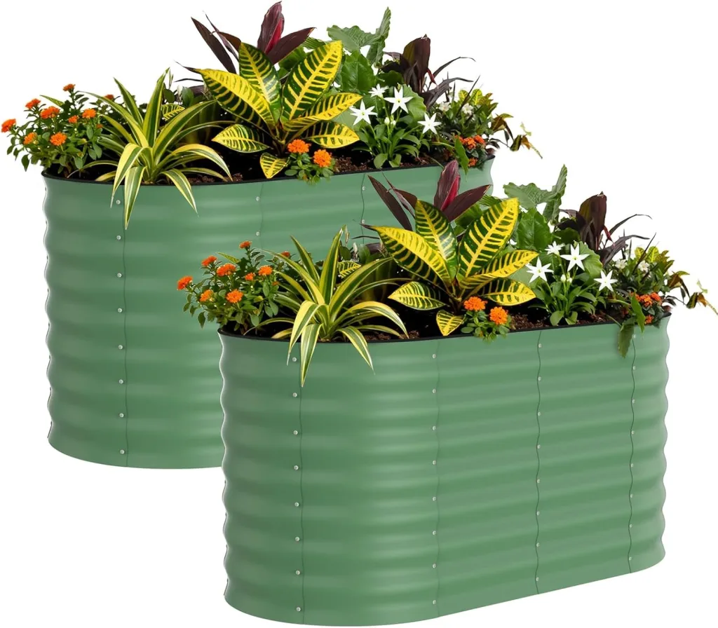 Pflanzbeet Hochbeet 120x60x60 cm—Ovales Stahlblech 0.6mm, 2-teilig, Schnell Aufbaubar, Outdoor, Für Gemüse Früchte, Mit Anti-Schnitt-Schutzleiste, Grün