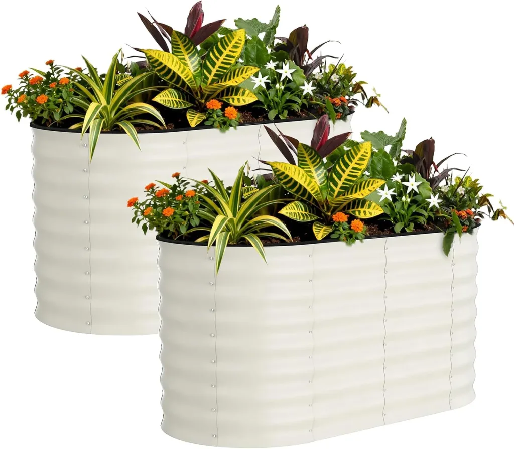 Pflanzbeet Hochbeet 120x60x60 cm—Ovales Stahlblech 0.6mm, 2-teilig, Schnell Aufbaubar, Outdoor, Für Gemüse Früchte, Mit Anti-Schnitt-Schutzleiste, Cremeweiß