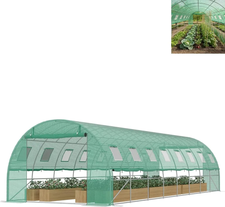 Foliengewächshaus 8x3x2m, verzinktem Stahl Gewächshaus, aufrollbare Seitenwände mit Moskitonetz, 16 Fenster & 2 Tür inkl. inkl. Erdanker & Seile, Grün – Bild 1