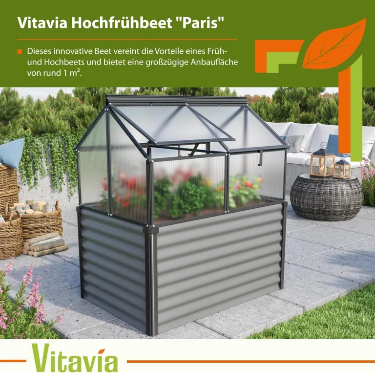 Vitavia Hochfrühbeet “Paris“ | Hochbeet & Frühbeet in Einem | Aluminium Eloxiert | 4 mm Hohlkammerplatten | Wetterfest, Verstellbare Dachfenster & Abnehmbarer Aufsatz | Optimale Wachstumsbedingungen – Bild 5