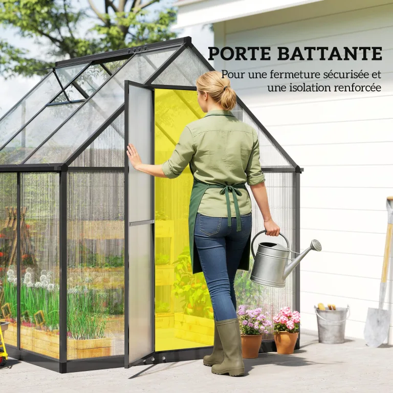Outsunny Gewächshaus aus Aluminium und Polycarbonat, Gewächshaus mit verstellbarem Fenster und Flügeltür, wetterfestes Außenhaus für Pflanzen, Blumen, Gemüsegarten und Setzlinge, transparent – Bild 6