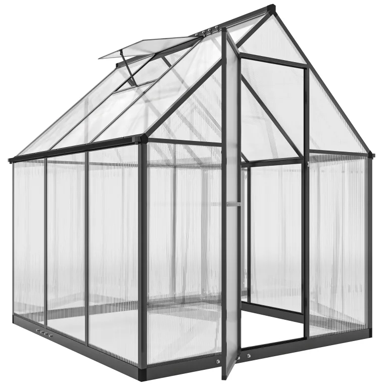 Outsunny Gewächshaus aus Aluminium und Polycarbonat, Gewächshaus mit verstellbarem Fenster und Flügeltür, wetterfestes Außenhaus für Pflanzen, Blumen, Gemüsegarten und Setzlinge, transparent – Bild 1