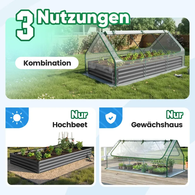 Quictent Hochbeet mit Abdeckung, Pflanzkasten-Set für den Außenbereich,Gewächshaus mit 2 große Fenster mit Reißverschluss, 240x120x30cm, Transparent – Bild 3