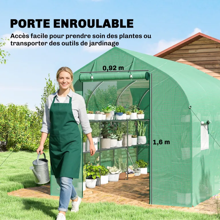 Outsunny Garten-Tunnelgewächshaus 6 m², Gartengewächshaus mit Regalen, 198 x 293 x 194 cm, verzinkter Stahlrahmen, Tür und 6 Fenster, für den Außenbereich, für alle Jahreszeiten, hochdichte PE-Plane – Bild 6