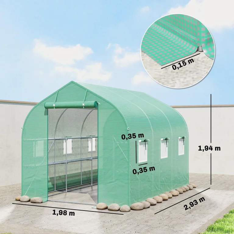 Outsunny Garten-Tunnelgewächshaus 6 m², Gartengewächshaus mit Regalen, 198 x 293 x 194 cm, verzinkter Stahlrahmen, Tür und 6 Fenster, für den Außenbereich, für alle Jahreszeiten, hochdichte PE-Plane – Bild 7