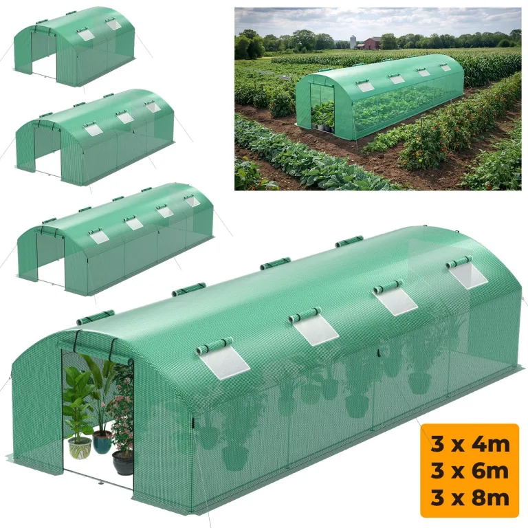 Gewächshaus 300x800x200cm, Gemüsegewächshaus mit 6 Fenstern und 2 Reißverschlusstüren, 140g/m² PE UV50+ Abdeckung. perfekt für Garten und Terrasse – Bild 7