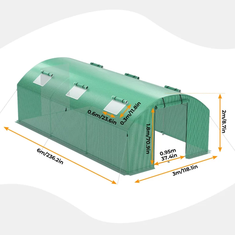 Gewächshaus 300x600x200cm, Gemüsegewächshaus mit 6 Fenstern und 2 Reißverschlusstüren, 140g/m² PE UV50+ Abdeckung. perfekt für Garten und Terrasse – Bild 3