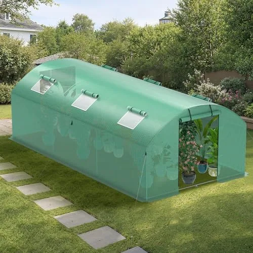 Gewächshaus 300x600x200cm, Gemüsegewächshaus mit 6 Fenstern und 2 Reißverschlusstüren, 140g/m² PE UV50+ Abdeckung. perfekt für Garten und Terrasse – Bild 7