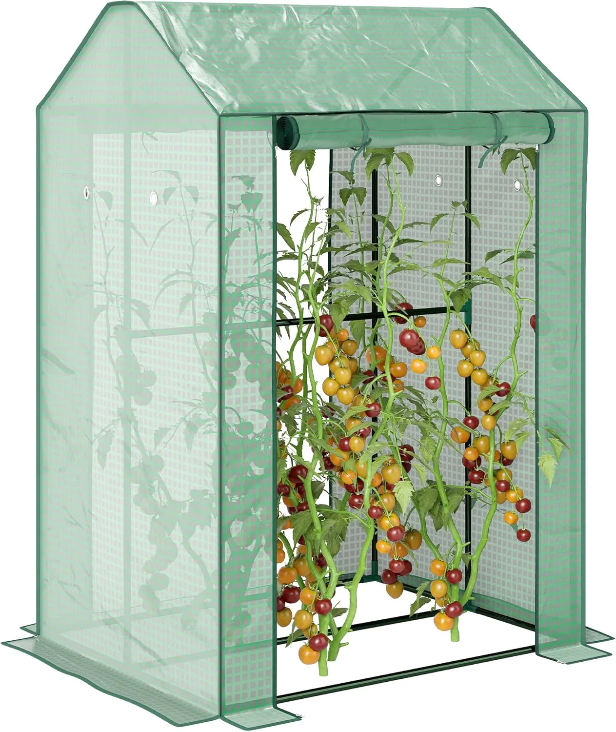 Outsunny Gewächshaus mit PE-Gitterfolie, Aufrollbare Tür Winterfest Foliengewächshaus aus Stahl, Treibhaus für Balkon, Garten, Tomatenhaus 100 x 80 x 150, Tomatengewächshaus für Tomaten Blumen, Grün - Bild 1