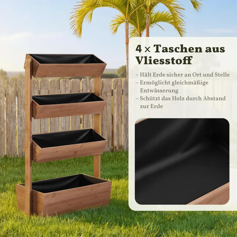 Yaheetech Vertikal Hochbeet mit 4 Etagen, 84,5×45×140,5 cm Pflanzbeet mit Entwässerungslöcher & Pflanzvlies, Tannenholz Wetterfest, Frühbeet Gartenbeet Kräutertreppe für Garten Balkon, Dunkelbraun – Bild 6