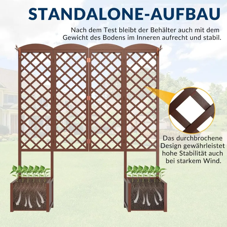 Wasserdichtes Tannenholz-Hochbeet mit Rankgitter 160x40,6x183 cm | Sichtschutz-Pflanzkasten mit Drainage | Modularer Garten-Pflanzkasten für Kletterpflanzen in Dunkelbraun – Bild 4