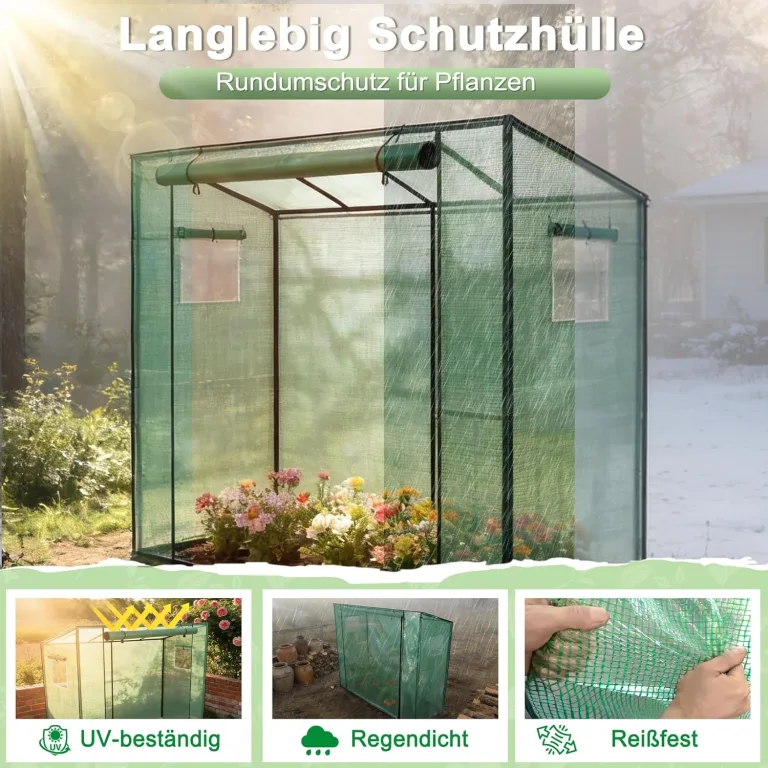 Garten Gewächshaus Foliengewächshaus Tomatengewächshaus begehbar 200x80x150 cm, schräges Dach Pflanzenhaus mit PE-Gitterfolie, Tomatenhaus Überwinterungszelt Mehrzwecktreibhaus Plane, Grün – Bild 4