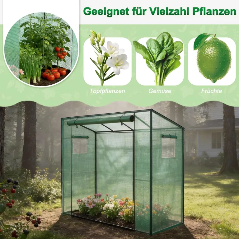 Garten Gewächshaus Foliengewächshaus Tomatengewächshaus begehbar 200x80x150 cm, schräges Dach Pflanzenhaus mit PE-Gitterfolie, Tomatenhaus Überwinterungszelt Mehrzwecktreibhaus Plane, Grün – Bild 3