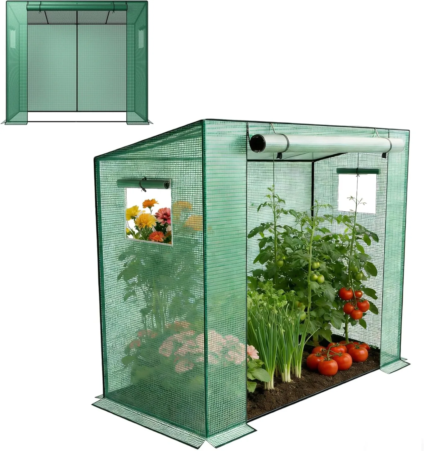 Froadp Gewächshaus 200x80x150cm Tomatenhaus Stabil, Foliengewächshaus mit PE-Abdeckung, Winterfest Tomatengewächshaus aus Verzinktem Stahlrohr, Pflanzenhaus für Garten, Terrasse und Balkon, Grün - Bild 1