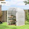 Outsunny Gewächshaus mit Regalen, 123 x 187 x 189 cm, kleines Gewächshaus mit aufrollbarer Tür, Polyethylen-Plane mit hoher Dichte 140 g/m², verlängert um 10 cm, Weiß - Thumbnail 2