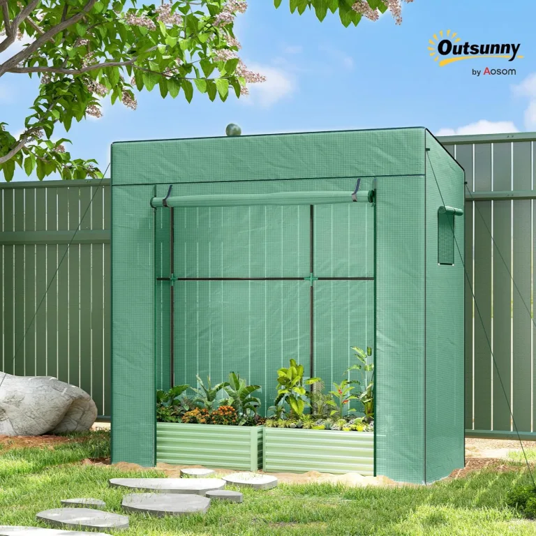 Outsunny Tomatengewächshaus Foliengewächshaus mit Rolltor Netzfenster Schrägdach 196 x 77 x 197 cm Stabil Gewächshaus mit PE-Folie Erdhaken Tomatenhaus Treibhaus für Garten, Balkon, Terrasse Grün – Bild 2