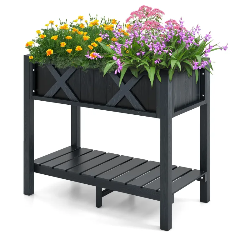 COSTWAY Hochbeet mit Ablage, erhöhtes Blumenbeet HIPS-Holz, Pflanzkübel mit Drainagelöchern, Pflanzkasten Kräuterbeet Pflanztrog Gartenbeet, Anzuchtbeet Balkon Garten Balkon, 86 x 45 x 73 cm, Schwarz – Bild 1
