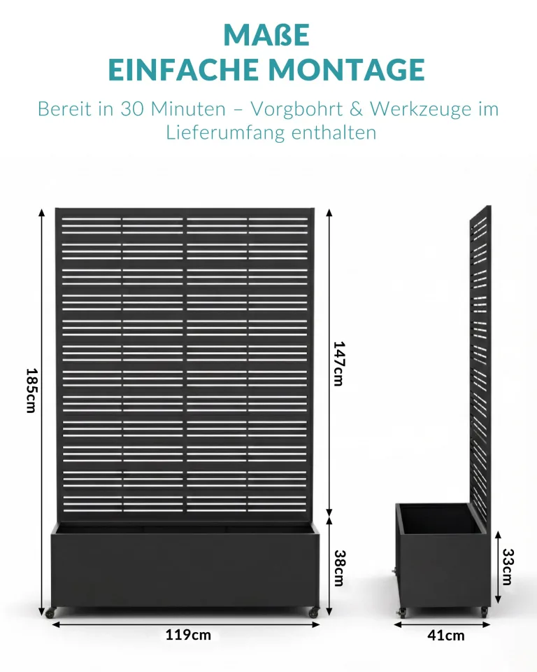 Hochbeet mit Sichtschutz, Metall Pflanzkasten mit Rankgitter und Rollen, freistehender Pflanzkübel 33cm tief, wetterfest für Blumen und Kletterpflanzen - Ideal für Garten, Balkon und Terrasse – Bild 2