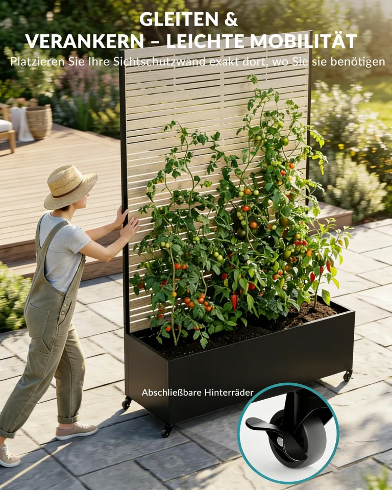 Hochbeet mit Sichtschutz, Metall Pflanzkasten mit Rankgitter und Rollen, freistehender Pflanzkübel 33cm tief, wetterfest für Blumen und Kletterpflanzen - Ideal für Garten, Balkon und Terrasse – Bild 5