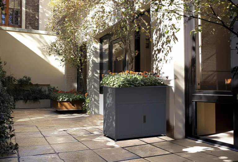 Plats Outdoor Solution® Hochbeet mit Unterschrank aus Metall, Grau, 107x57x85cm, mit Drainagesystem und Schneckenkante, anthrazit, pulverbeschichtet – Bild 2