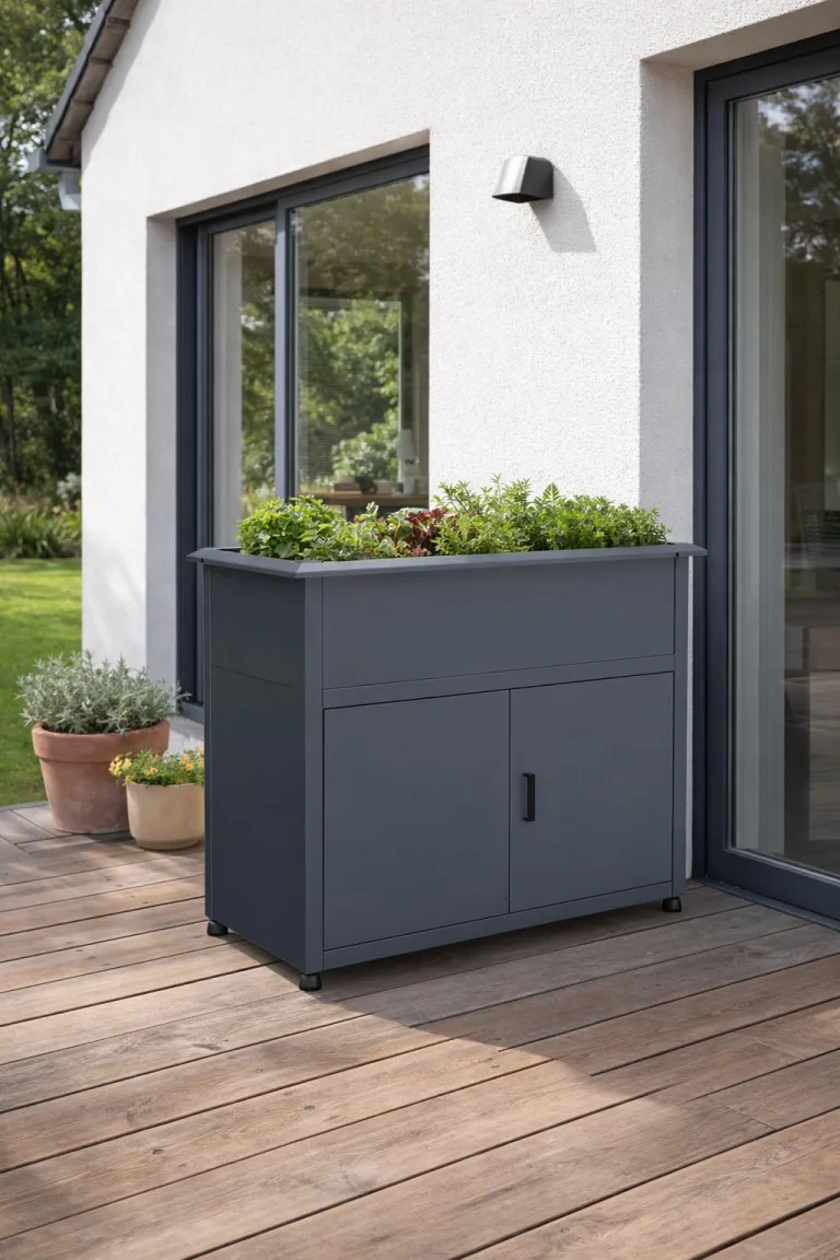 Plats Outdoor Solution® Hochbeet mit Unterschrank aus Metall, Grau, 107x57x85cm, mit Drainagesystem und Schneckenkante, anthrazit, pulverbeschichtet – Bild 3