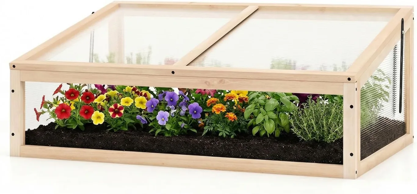 FANTASK Frühbeet Gewächshaus, 94 x 63 x 40 cm, Frühbeete Hochbeete mit Abdeckung, mini Gewächshaus, Treibhaus, Frühbeetkasten Aufsatz für Garten, Terrasse & Balkon (Natur) - Bild 1