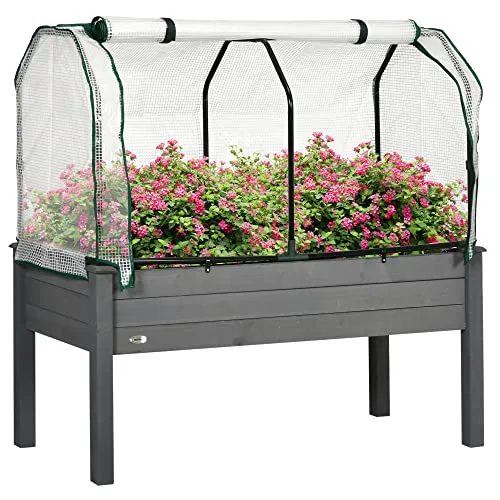 Outsunny Hochbeet mit Füßen mit Abdeckplane aus Polyethylen, Hochbeet mit Gewächshaus, Volumen 104 l, mit Abflusslöchern, Vliesstoff, für Pflanzen, Blumen, Gemüse, 121 x 55 x 117 cm, Dunkelgrau – Bild 10